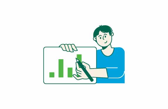 Un jeune entrepreneur pointe vers un graphique à bandes