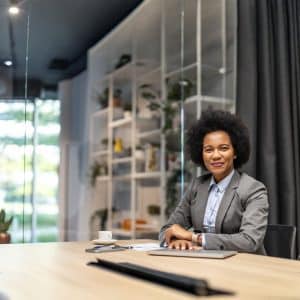 Une professionnelle dévouée, plongée dans son travail sur un ordinateur portable, incarnant la concentration et la détermination dans un espace de travail épuré et moderne.