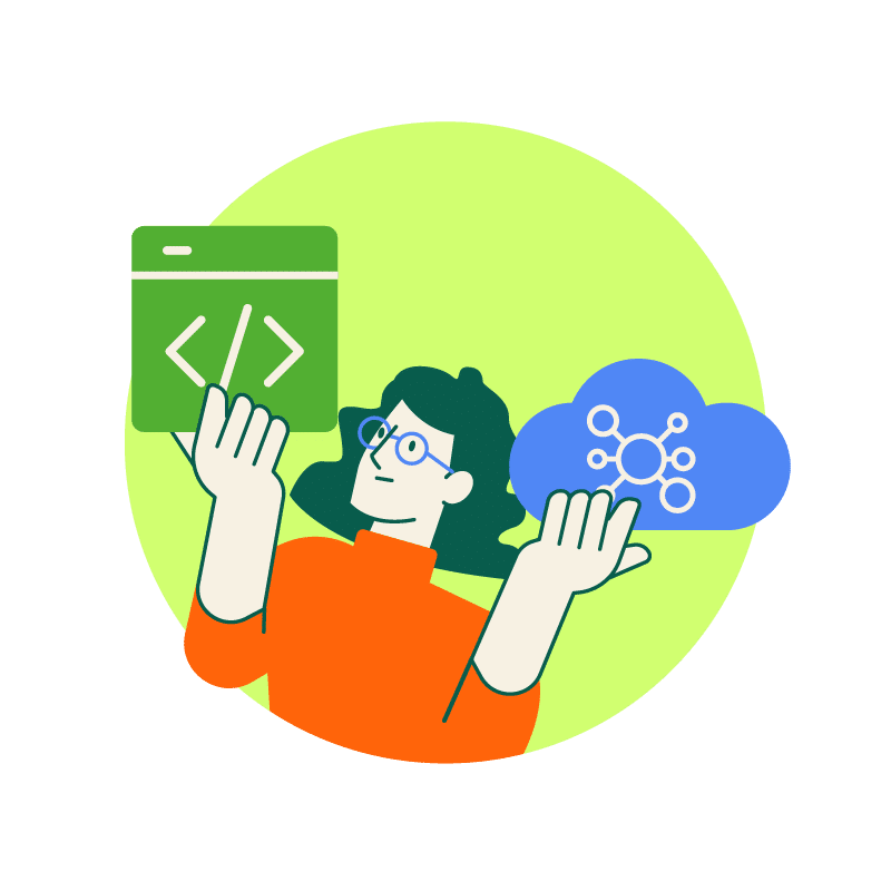 Personnage jonglant avec 2 pictogrammes représentant les voies de spécialisation du programme collégial Techniques de l'informatique au Cégep de sherbrooke