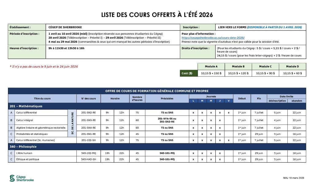 Site web Tableau des cours ete 2026 Maj 2026 03 18 Page 1