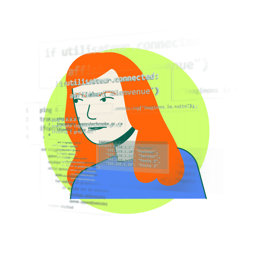 Madame confuse avec plein de codes logique et mathématique devant elle